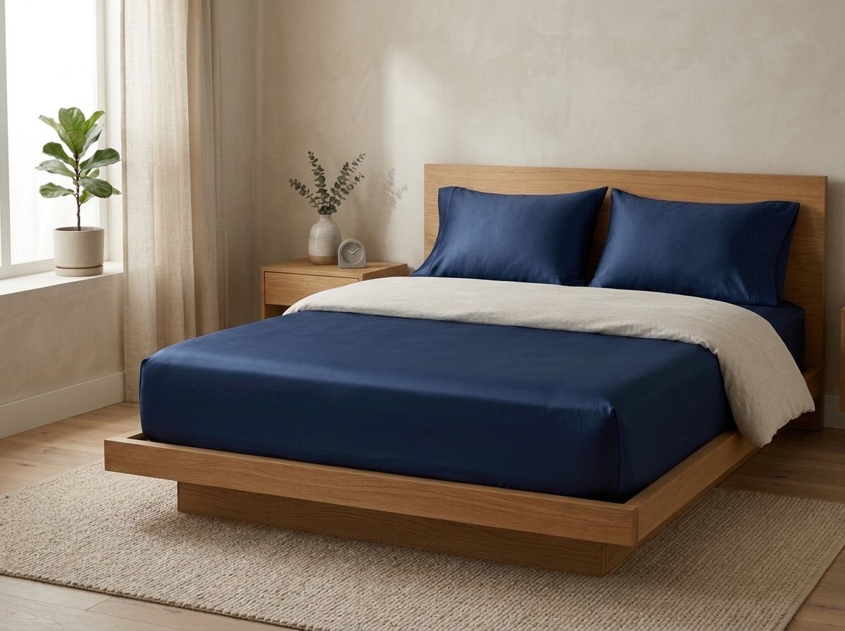 Kyroloom Cooling Fitted Sheet in Midnight Navy on luxury bed